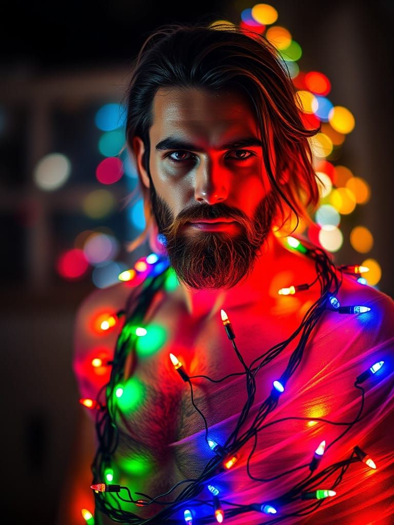 Sensual Man in Glowing Christmas Lights