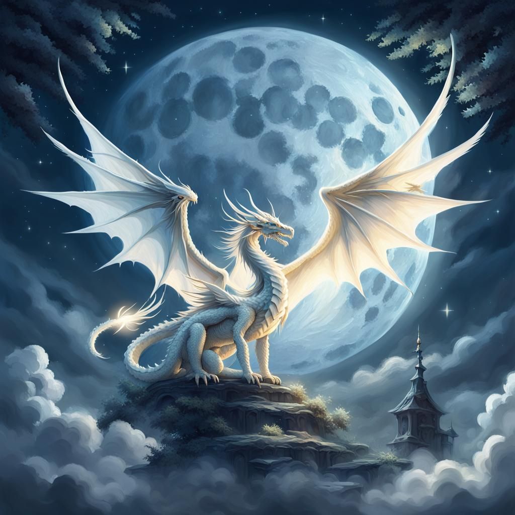 Dragon and Angel Under Full Moon in Dreamy Style