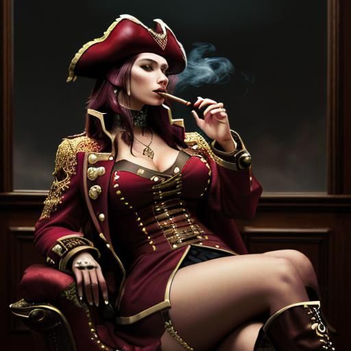 Woman in Pirate Coat Smoking Cigar