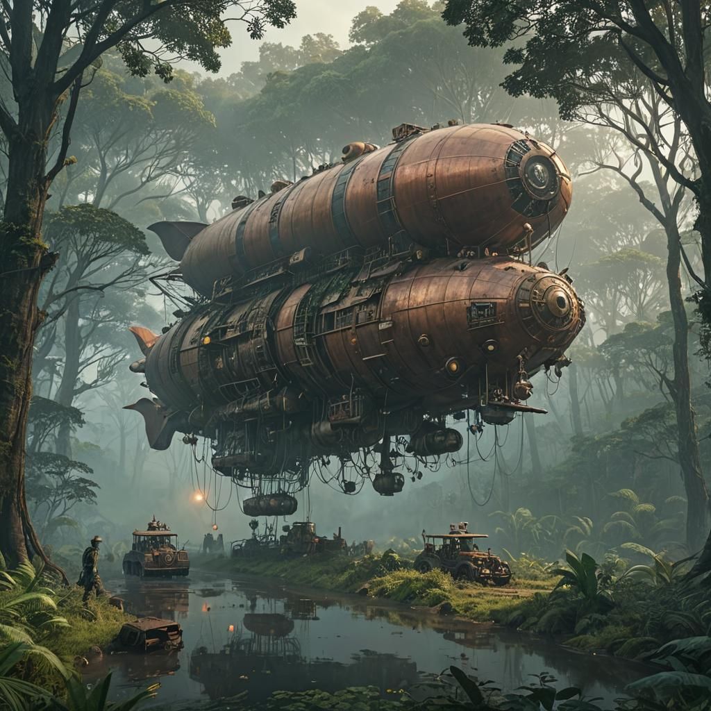 Steampunk Safari Airship Navigating Copper Jungle