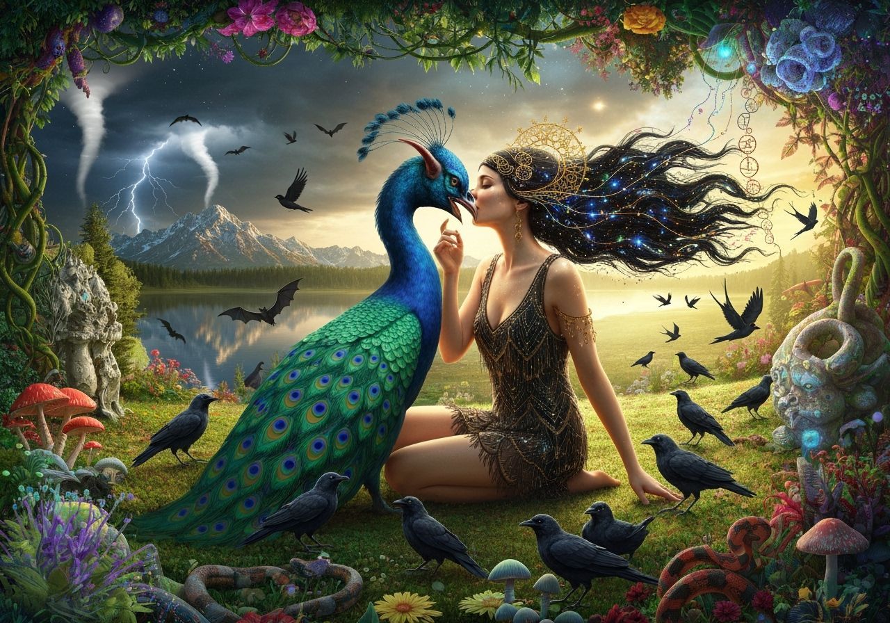 Demon Peacock Creature and Stardust Woman in Surreal Garden