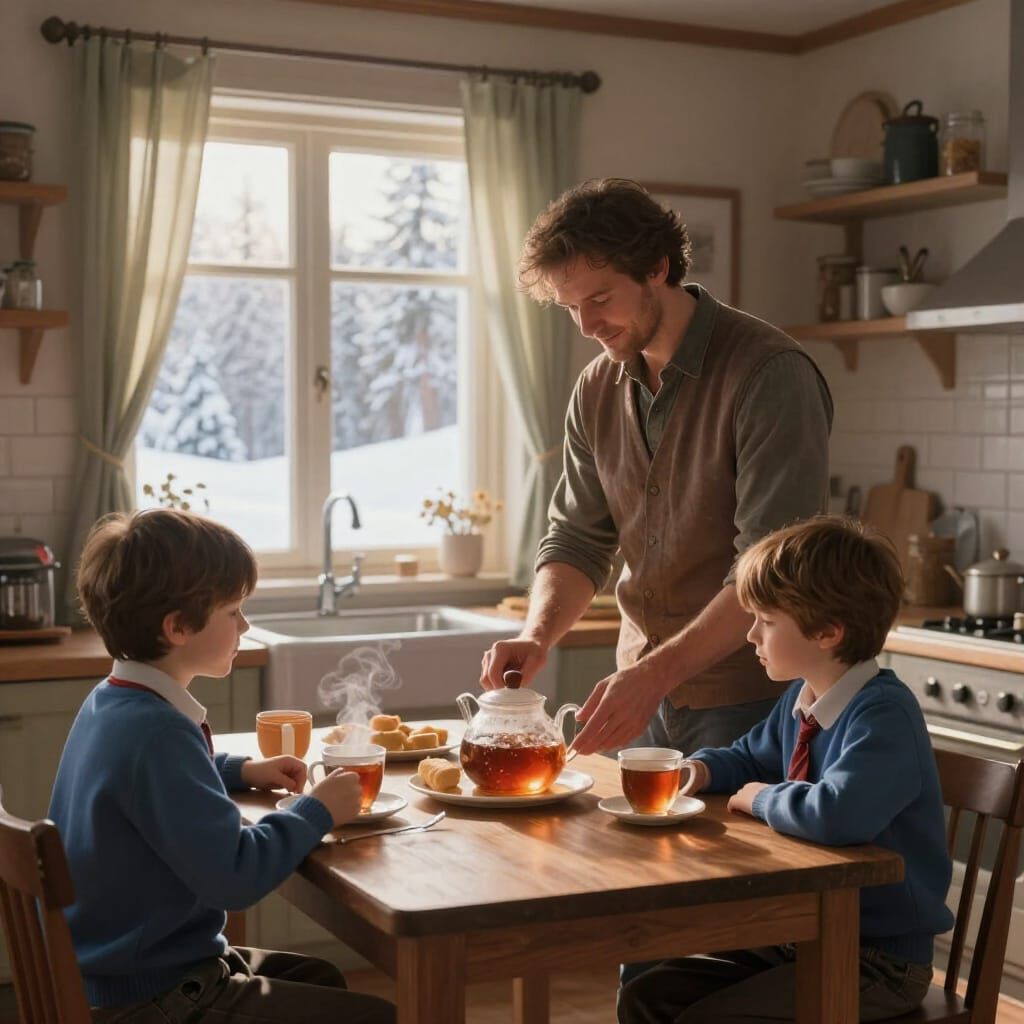 Warm Winter Morning Kitchen Scene with Father and Sons