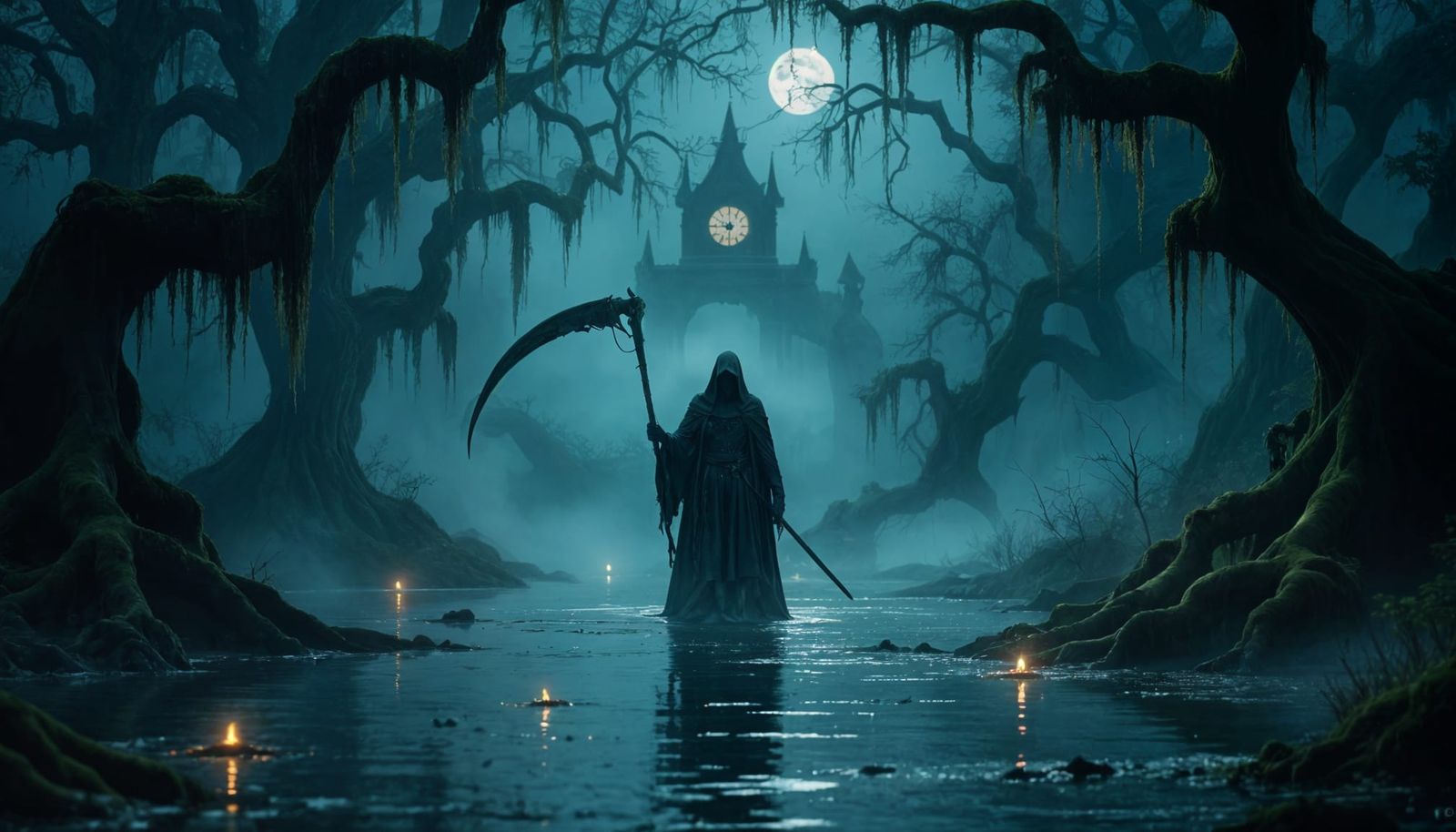 Mystical Hooded Figure in Foggy Swamp Forest