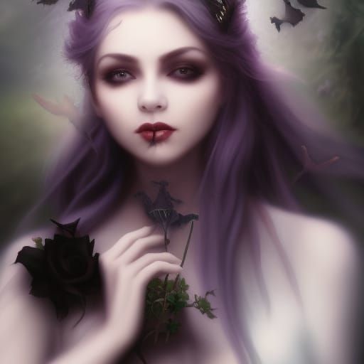 Ethereal Gothic witch with her black cat familiar& The Gothic witch she has Black hair with purple highlights& purple ey...