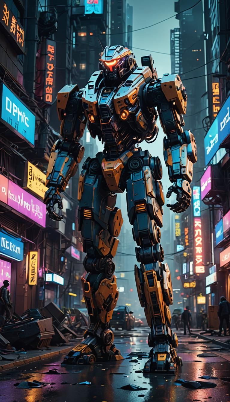 Futuristic Mech in Dystopian Cityscape: Digital Matte Painti...