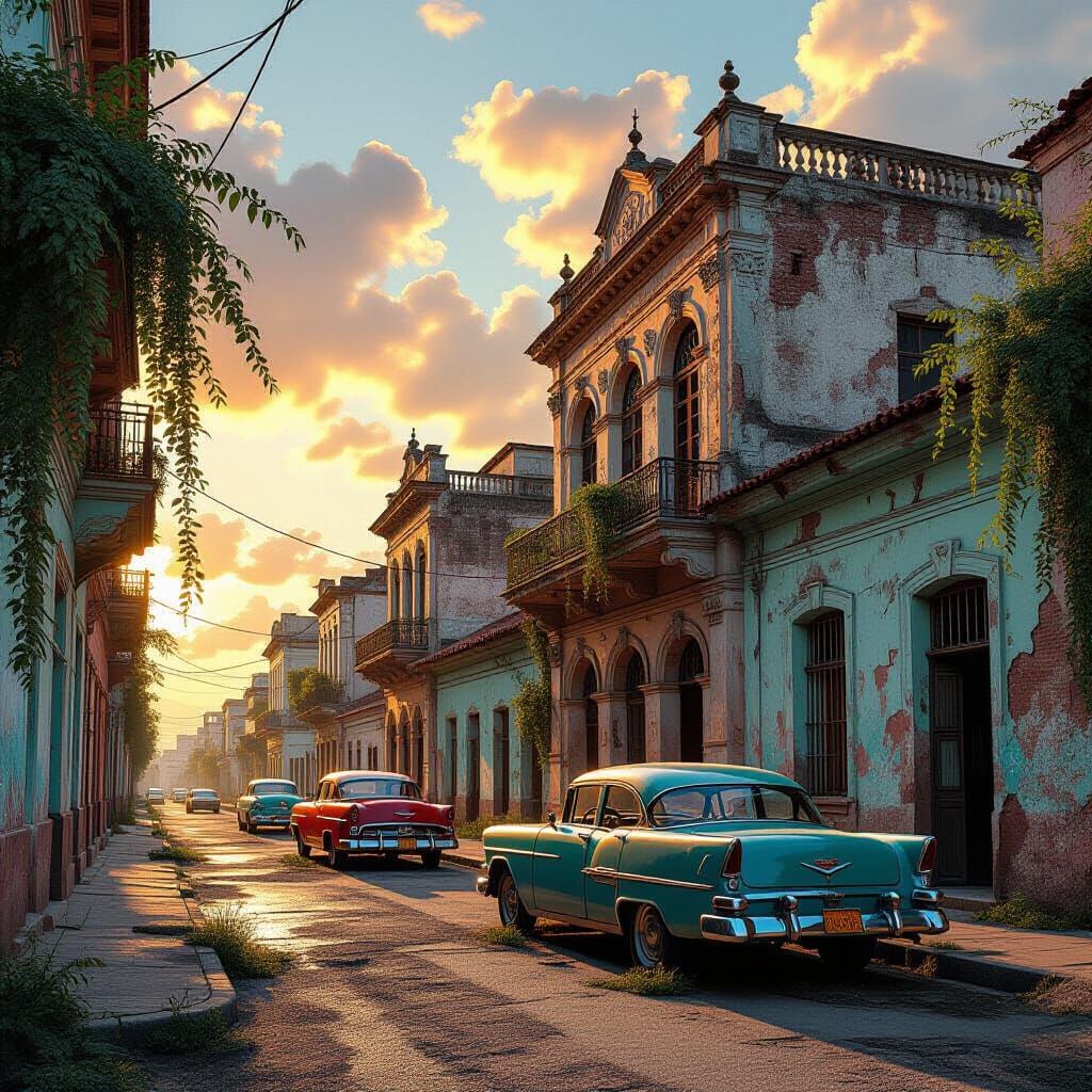 Havana Barrio: Crumbling Buildings in Golden Sunset Light