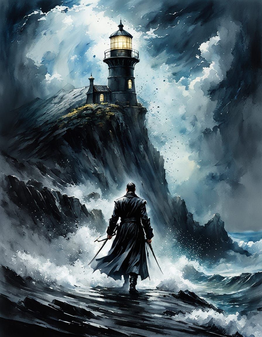 Stormy Lighthouse: Watercolor and Ink Art
