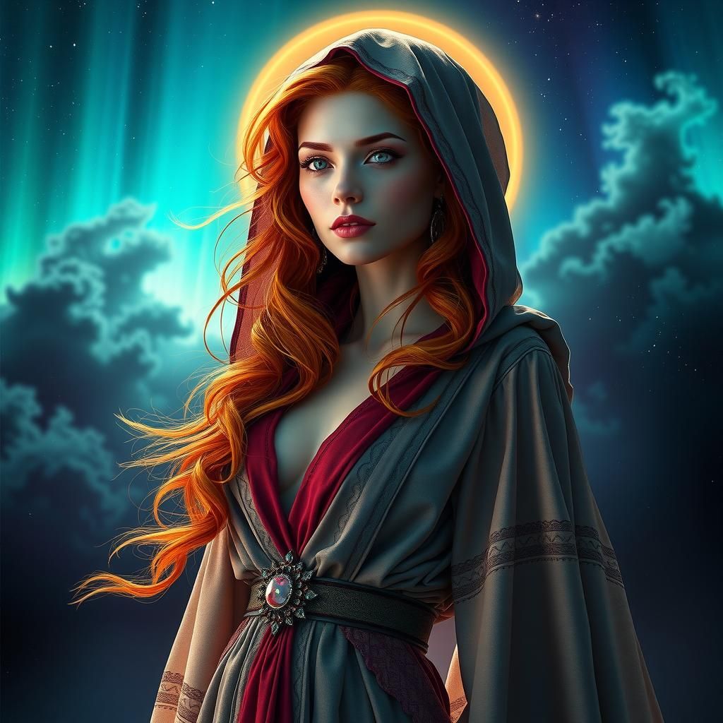 Redhead Goddess in Aurora Borealis, Art Nouveau Style