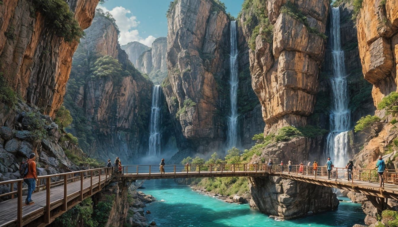 Dramatic Canyon with Wooden Buildings and Waterfall