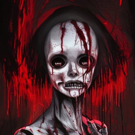 Creepy Girl with Skull in Manga Horror Style