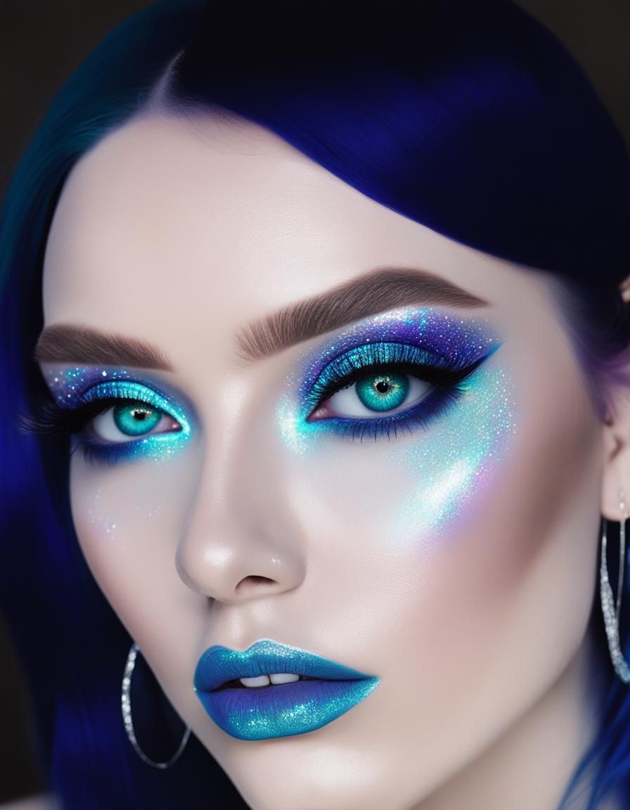 Ethereal portrait of a young lady with shimmery holographic blue hair and blue eyes with holographic purple eyeshadow wi...