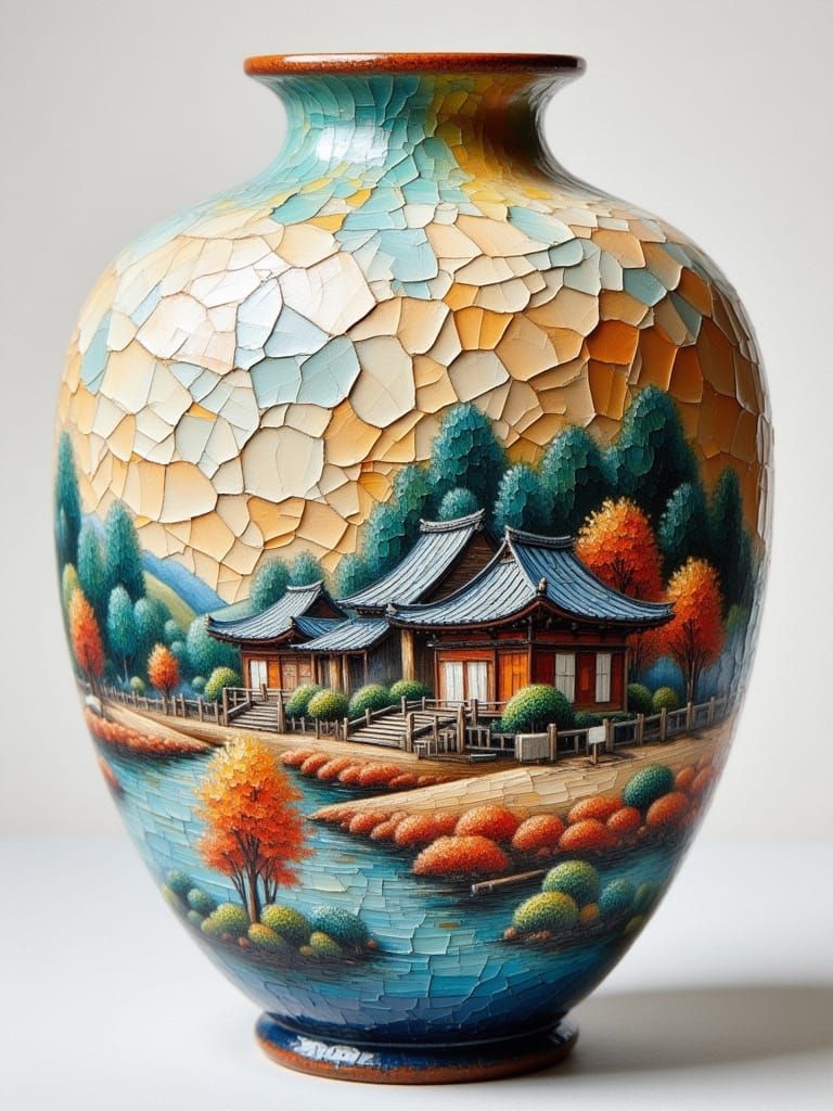 Traditional Japanese Village Scene in Cracked Impasto