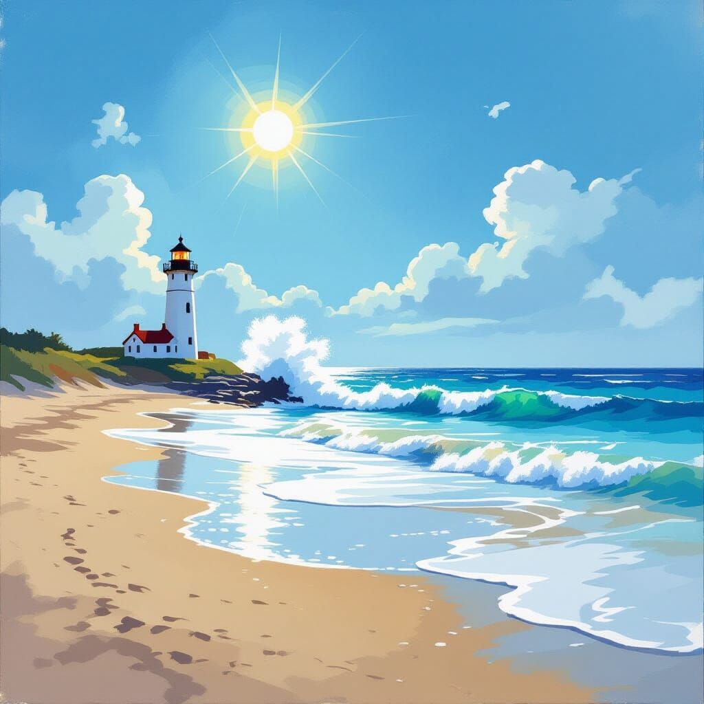 Serene Beach with Lighthouse in Faded Painting Style