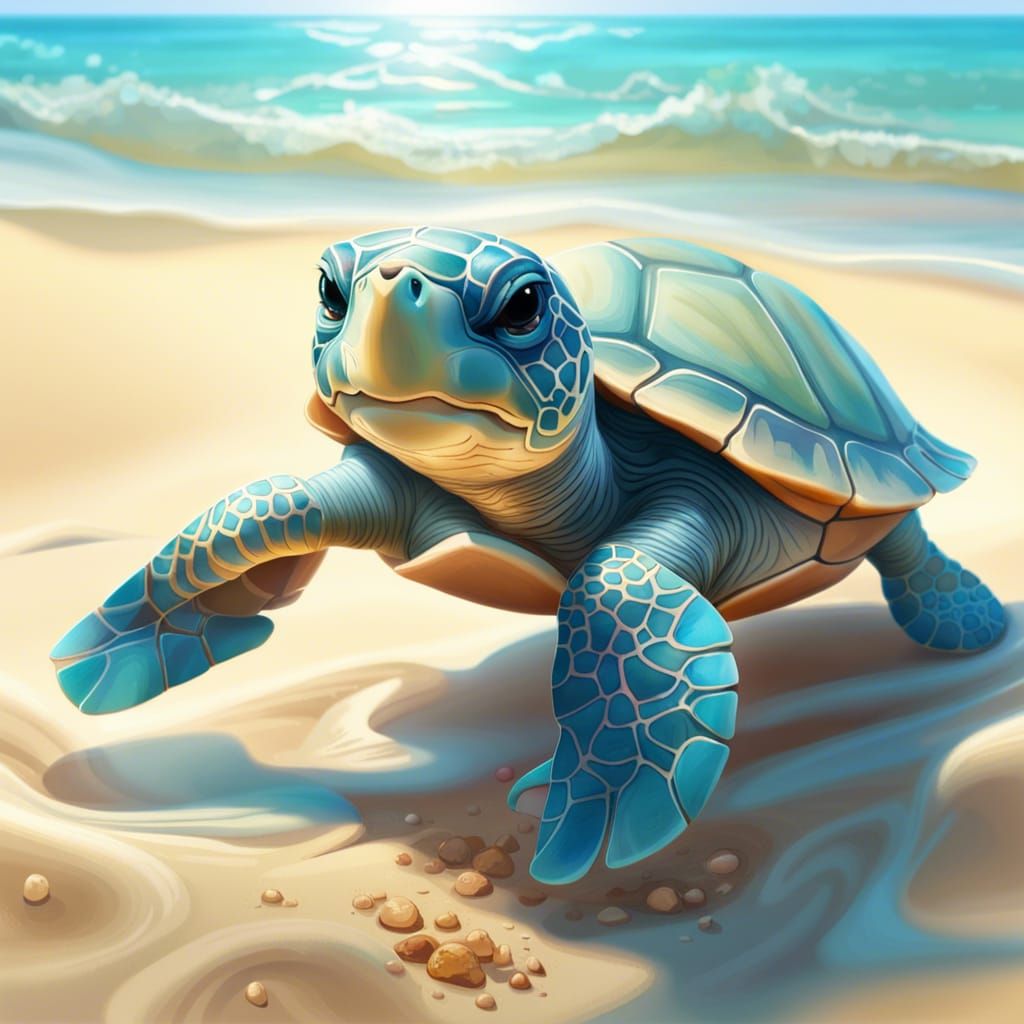 Baby Turtle Plays on Sunny Beach, Detailed Splash Art