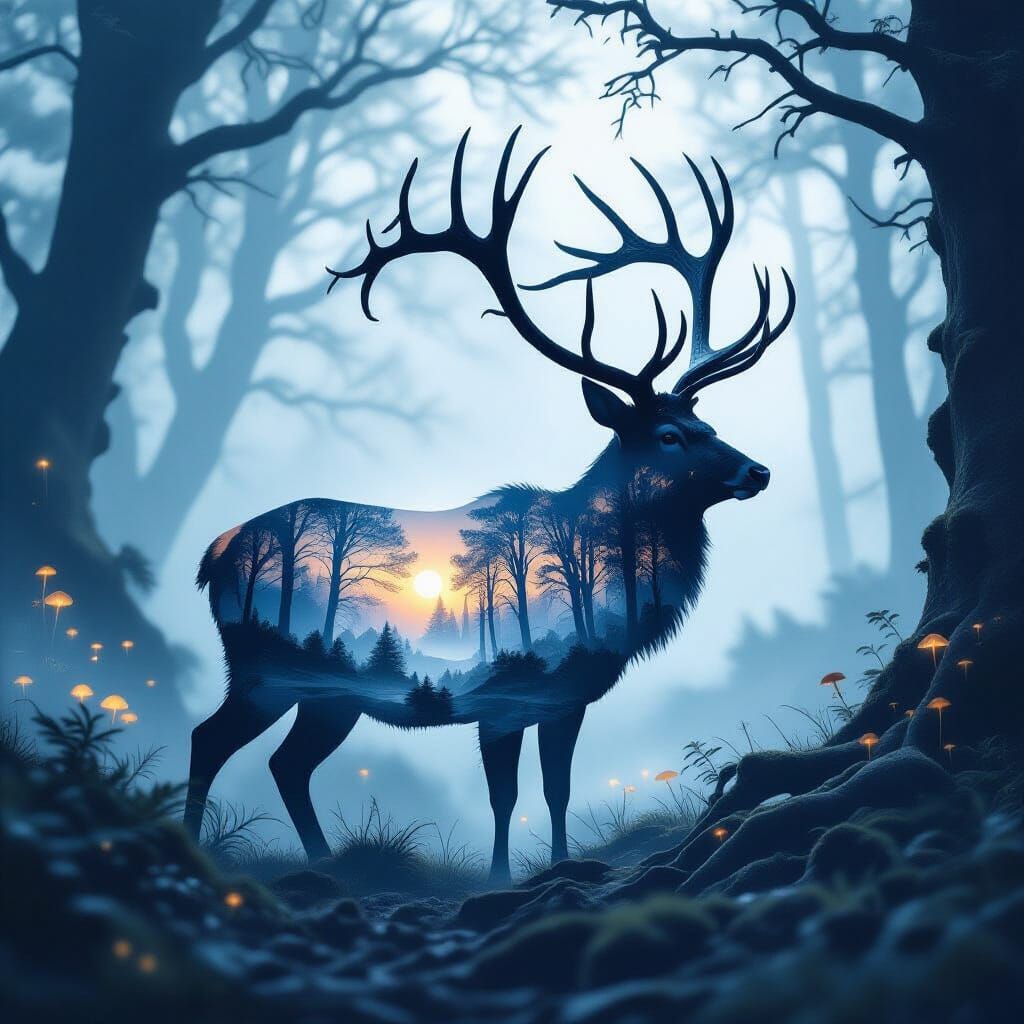 Majestic Stag Double Exposure with Enchanted Forest