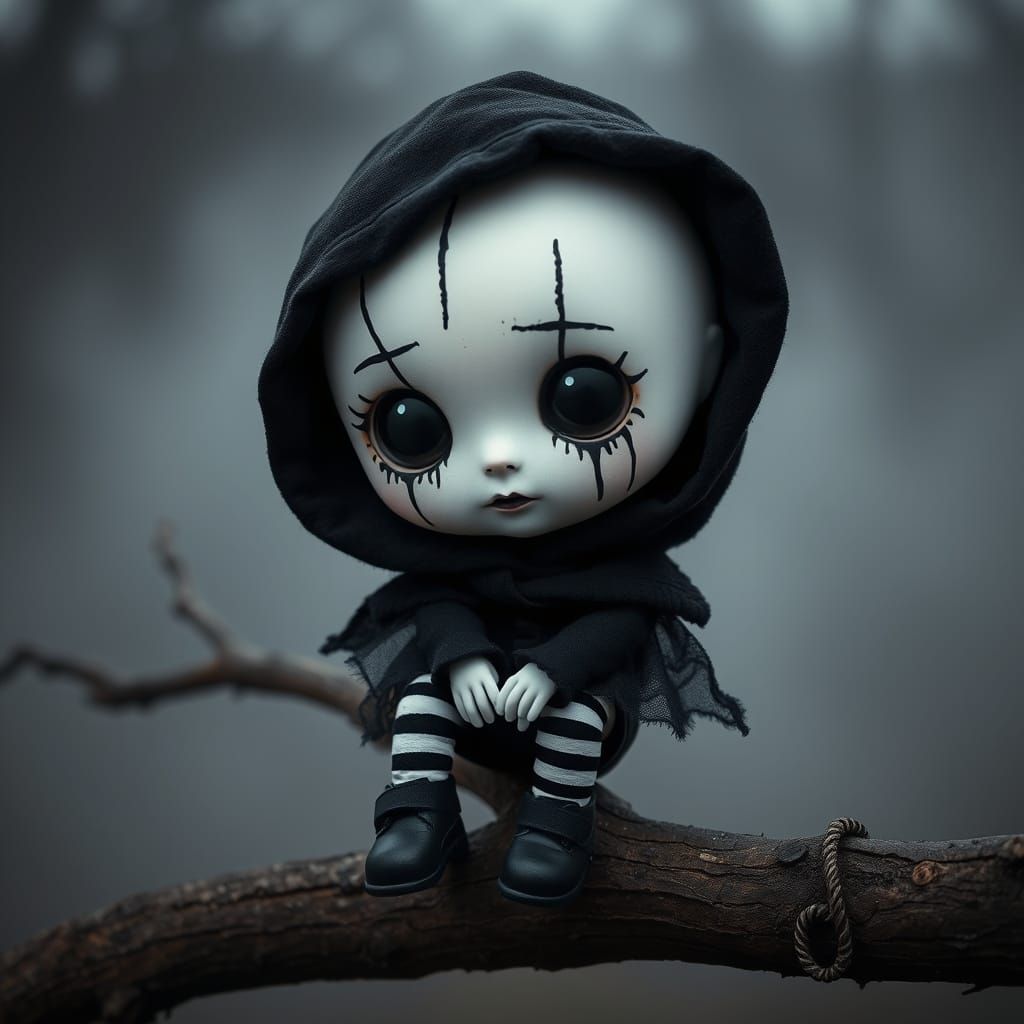 Gothic Chibi Doll in a Dark Forest