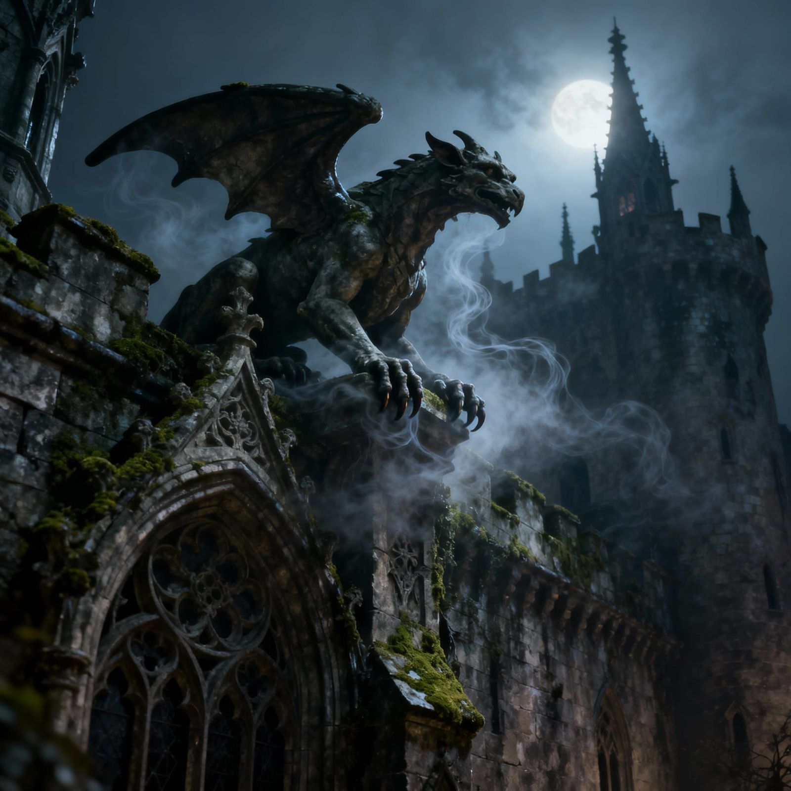 Gothic Gargoyles in Misty Castle Mist