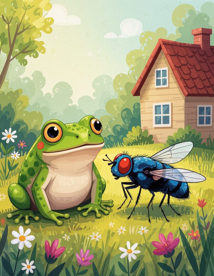 Whimsical Illustration of Frog and Fly as Best Friends