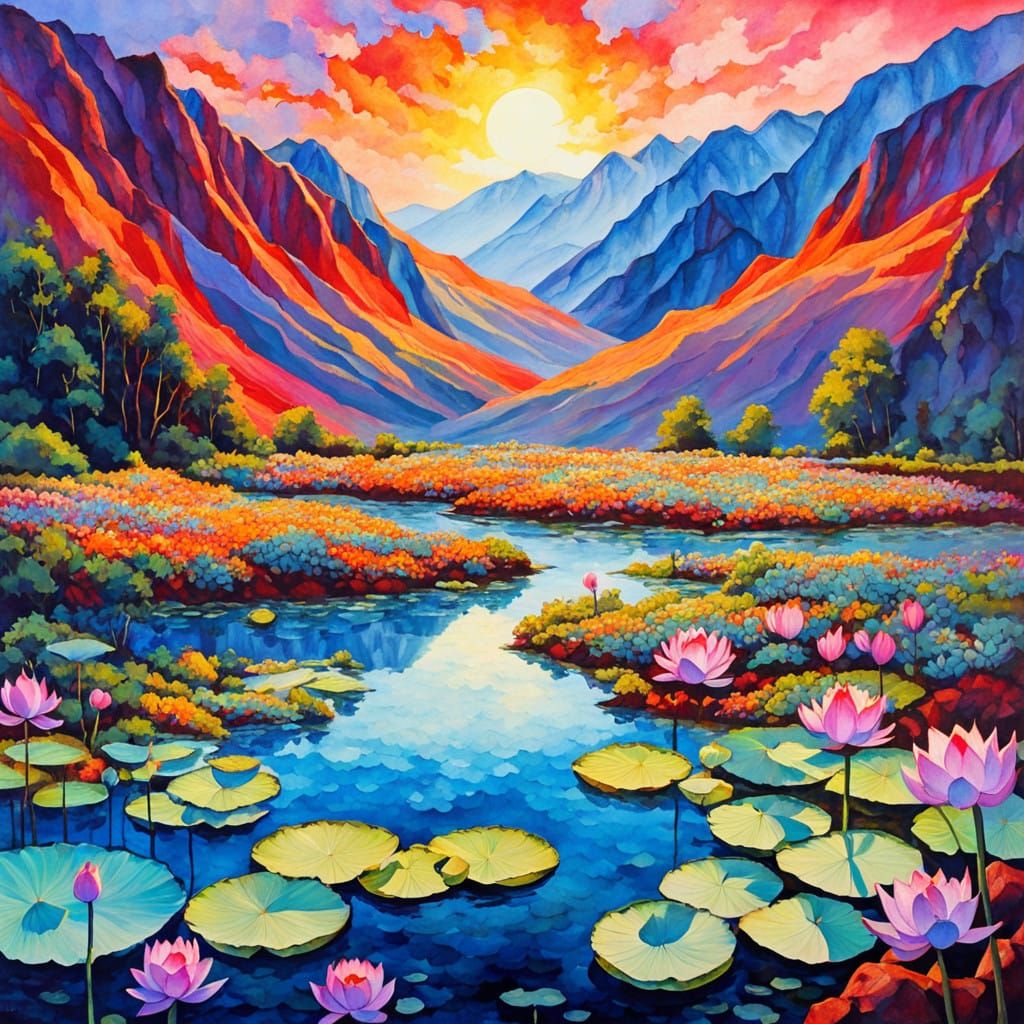 Surreal Lotus Blooms with Swaddled Baby in Vintage Impressio...