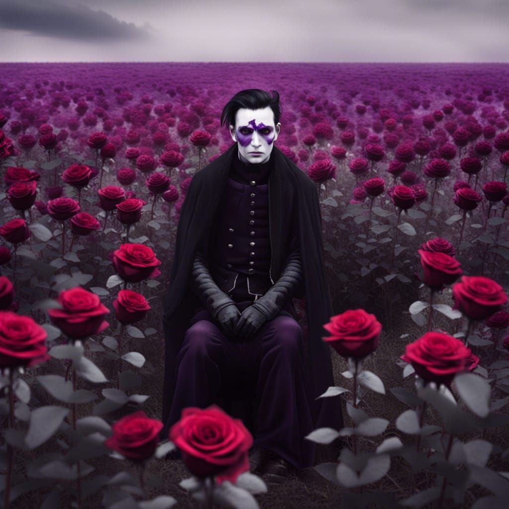 Goth Man in Rose Field with Red Eyes