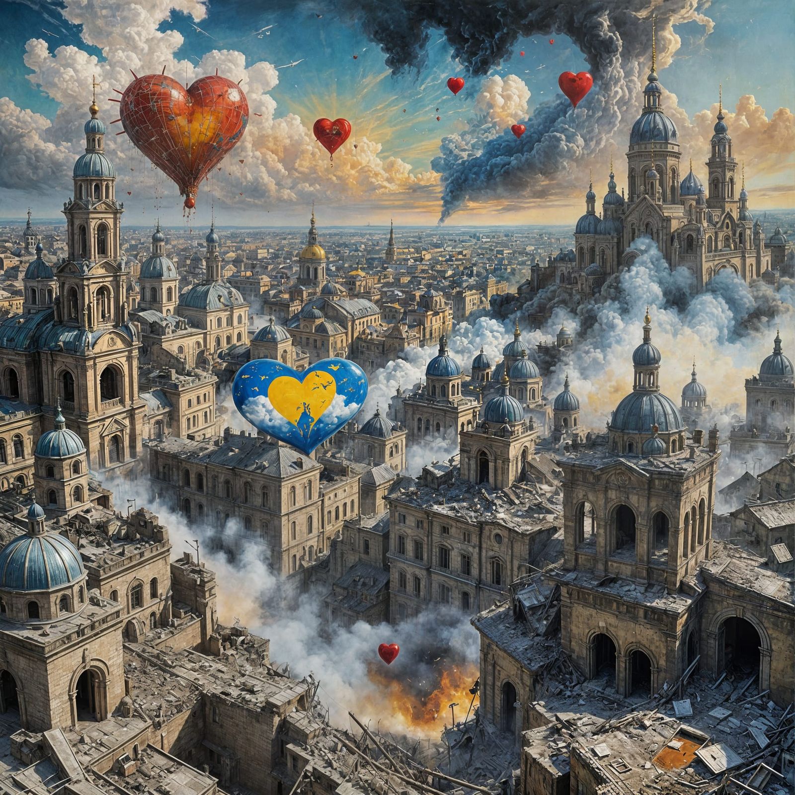 Surreal War Image with Heart Sky, Dali Style