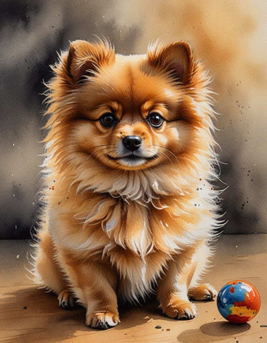 Adorable Pomeranian Puppy Portrait in Watercolour Style