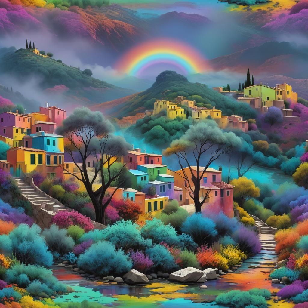 Crete Alleyway with Polychromatic Colors and Twilight Glow