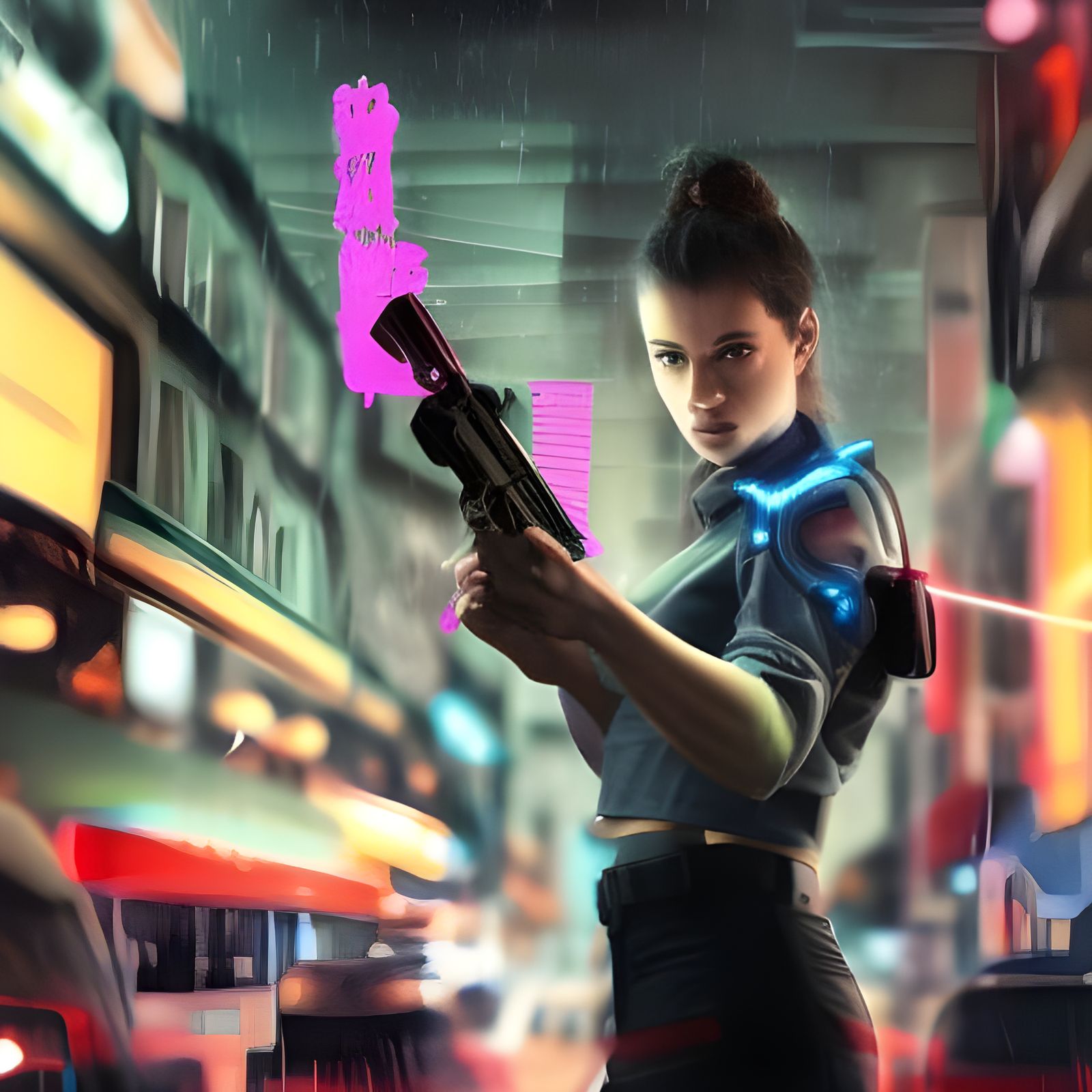 Cyborg with Blaster Rifle in Rainy Cityscape