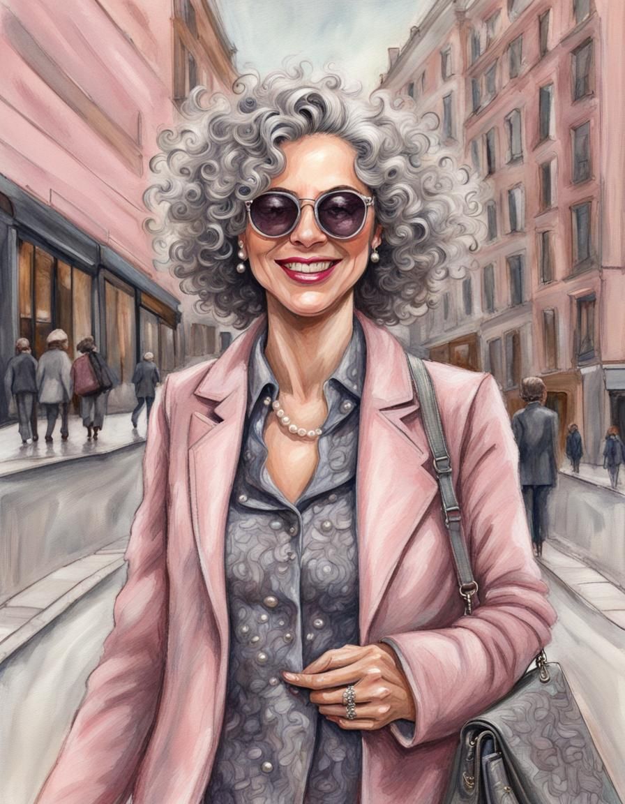 Smiling Woman with Gray Hair in Charcoal Drawing