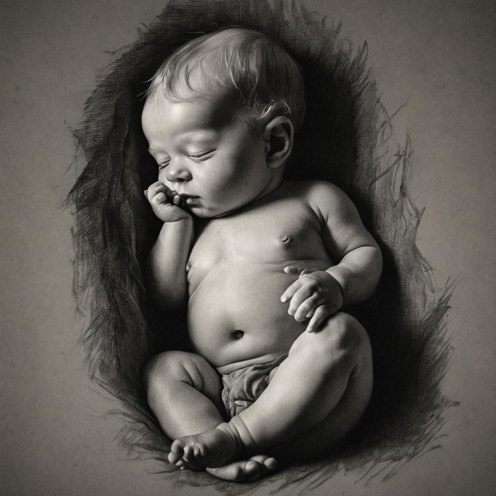 Dramatic Charcoal Drawing of Baby in Womb