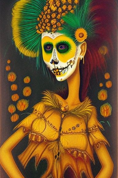 Catrina Portrait with Marigolds in Surreal Style