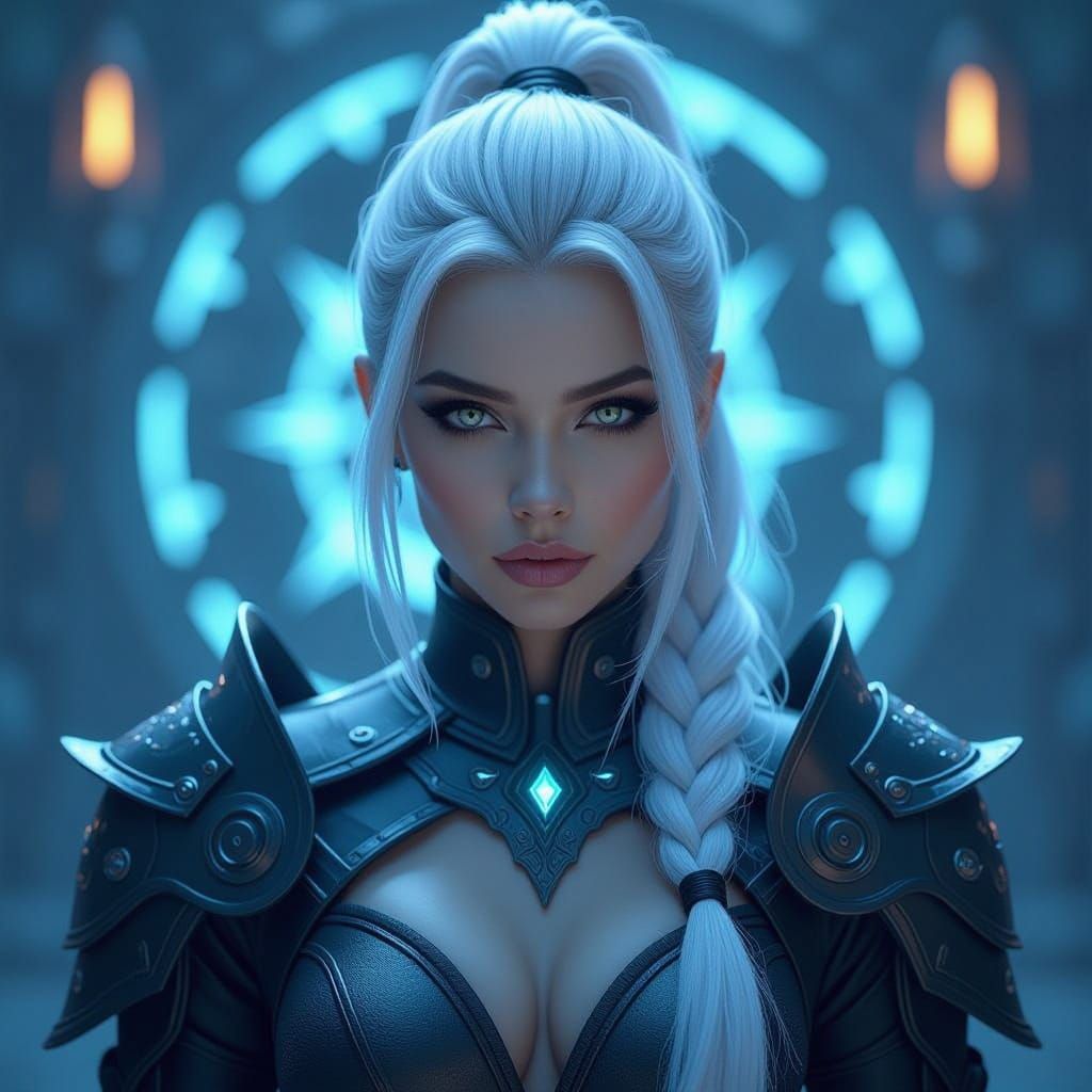 Elegant Dark Fantasy Warrior in Obsidian-Blue Armor