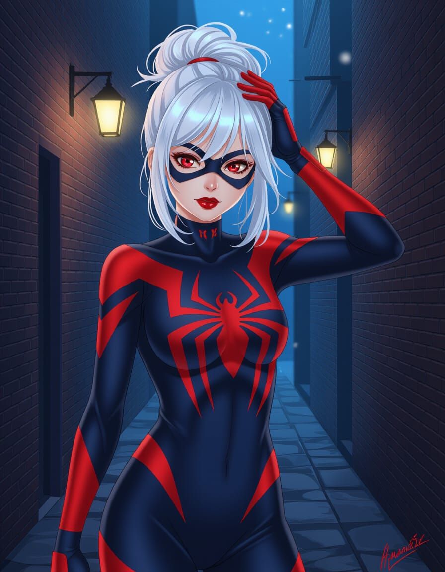 Anime Spider-Girl in Dim Alleyway, Painterly Style