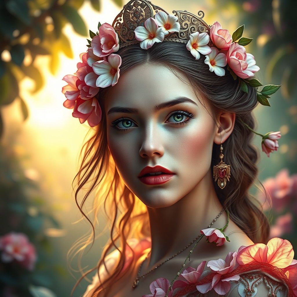 Fantasy Flower Girl Portrait in Art Nouveau Style