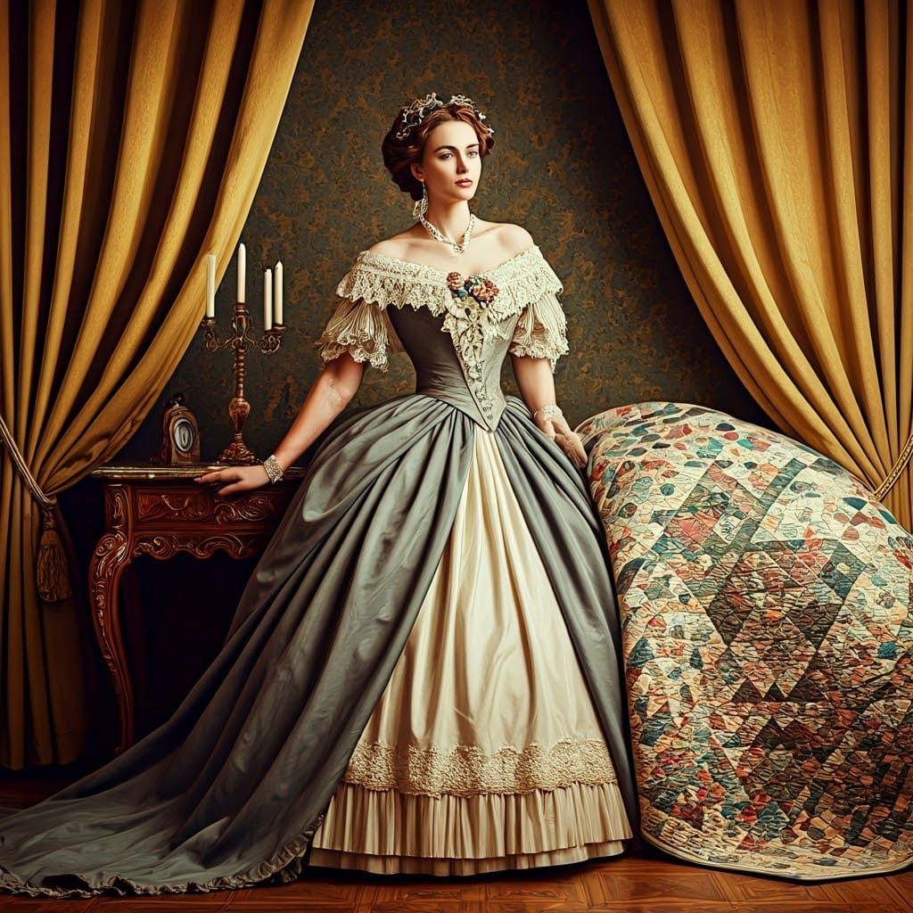 Victorian Woman with Quilt in Art Nouveau Style