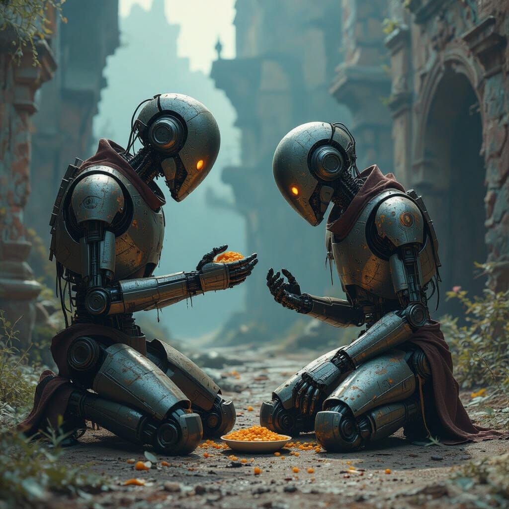 Robots Begging in a Mystical Landscape