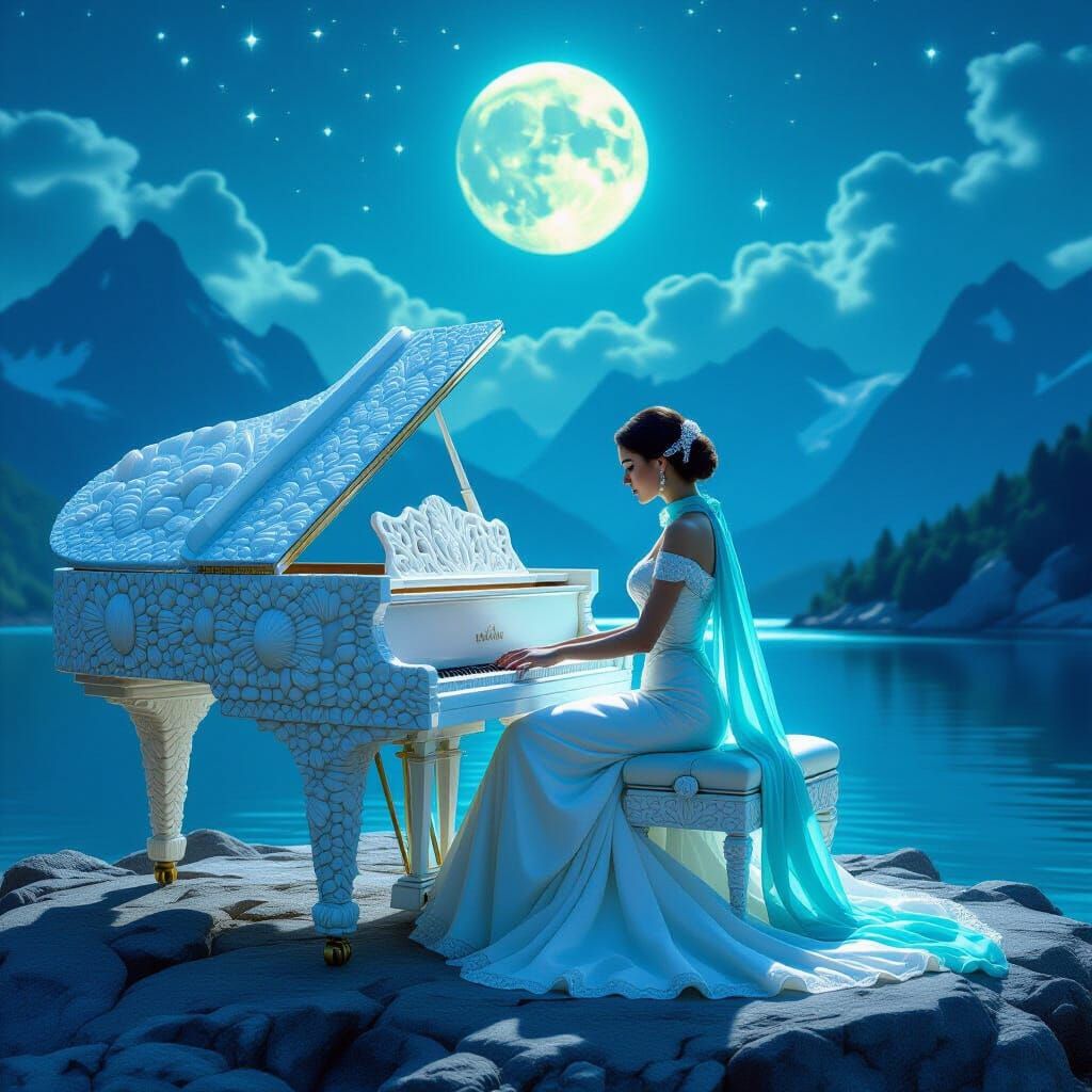 Woman Plays Seashell Piano on Lake, Hyper-Realistic Style