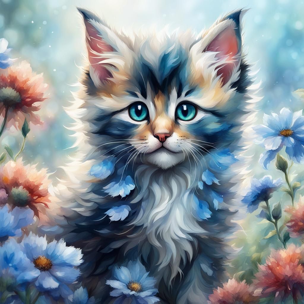 Watercolor Fluffy Kitten in Blue Floral Setting