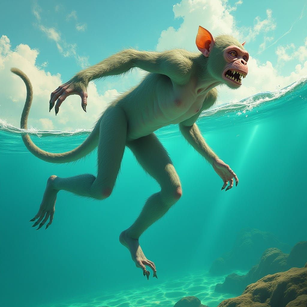 Futuristic Monkey Shark Leaps Through Turquoise Ocean