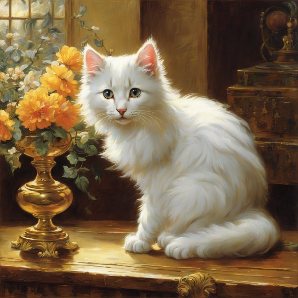 Kitten on Golden Table, Waterhouse Style
