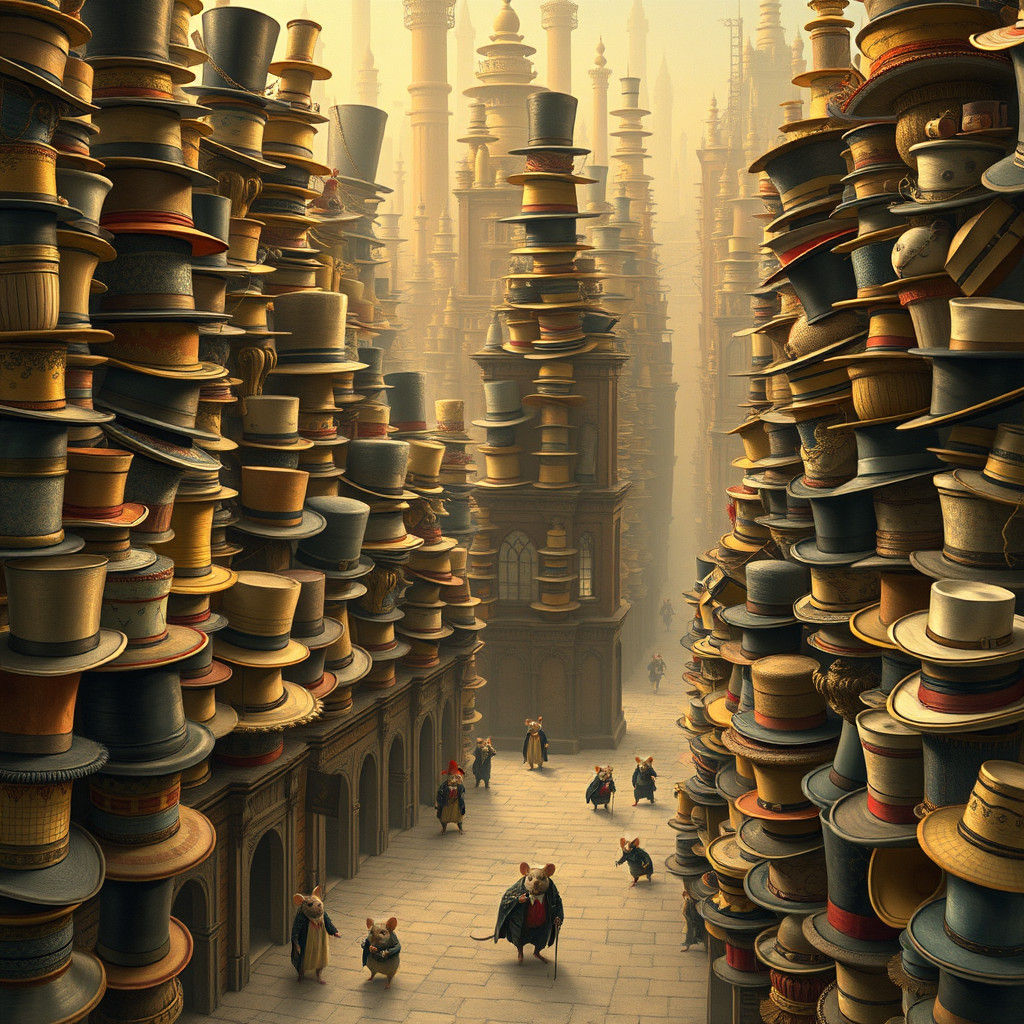Metropolis of Hats Inhabited by Mice, Photorealistic