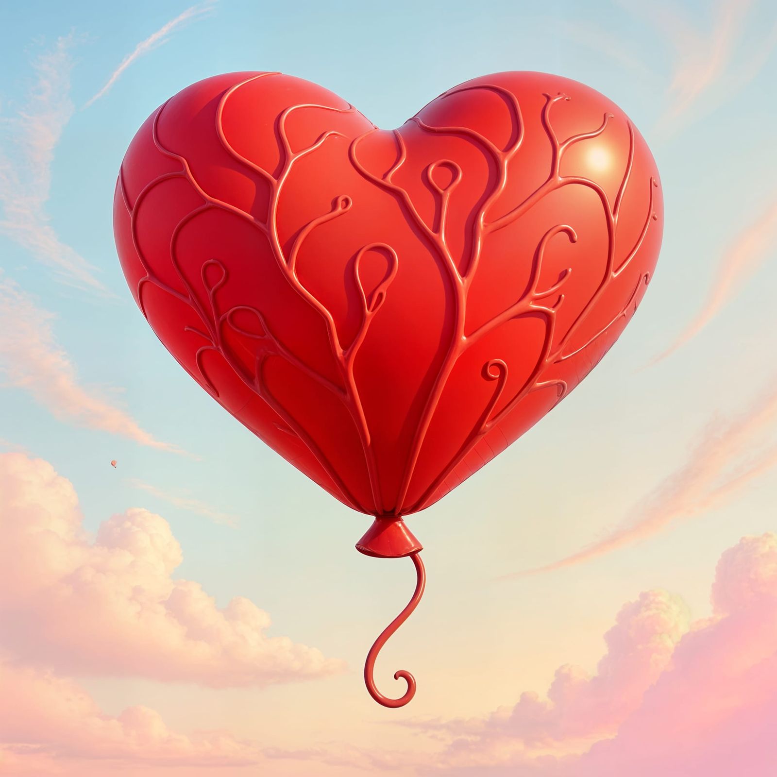 Surreal Heart Balloon Ascends into Pastel Sky