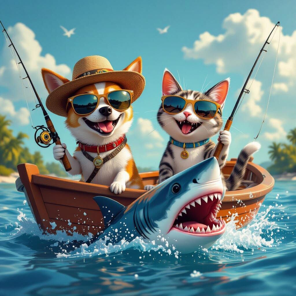 Chihuahua and Cat Catching Shark in 3D Render