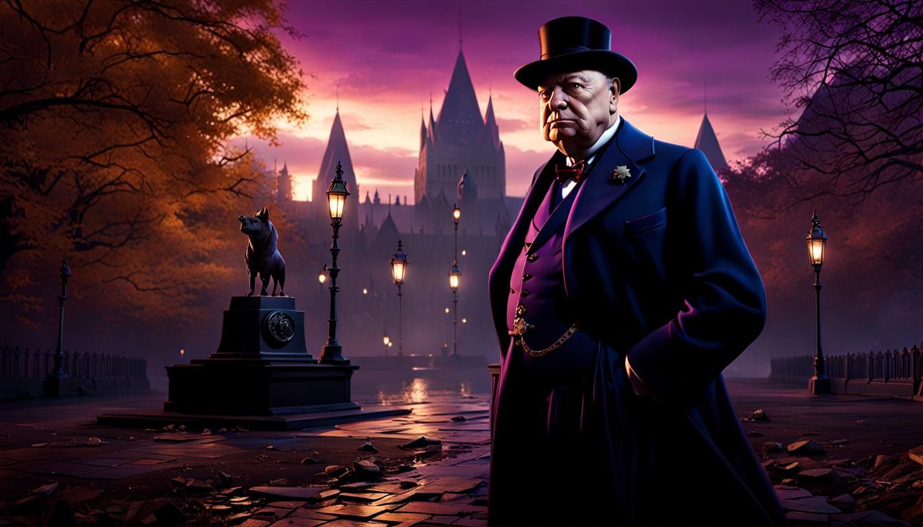 Churchill standing by a statue of the Werewolf of London