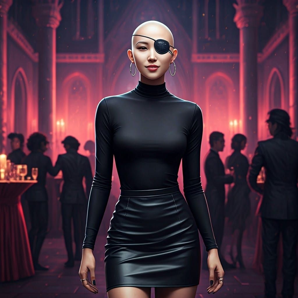 Smiling Bald Woman with Eyepatch in Cyberpunk Castle
