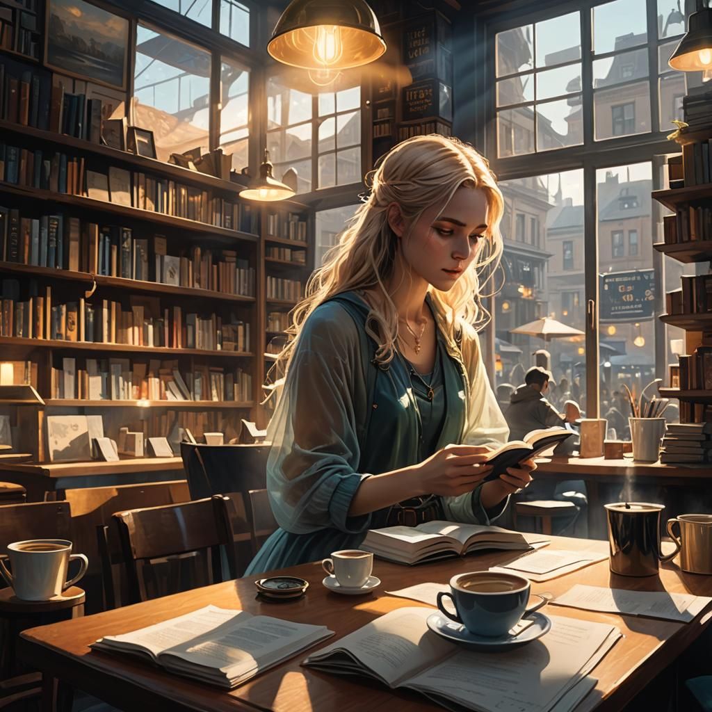 Ethereal Girl Reading in Mystical Bookstore Cafe