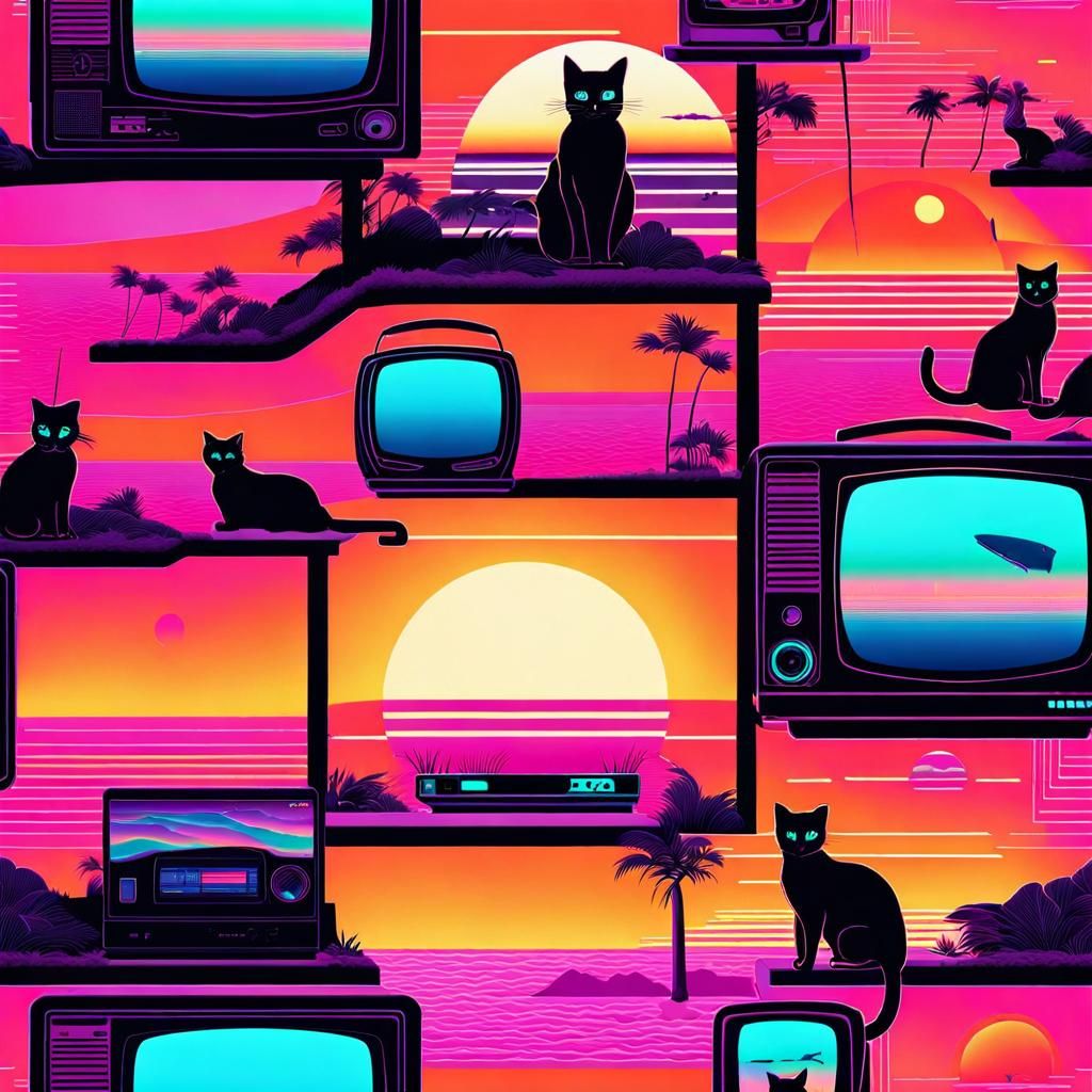 Vaporwave Cats in Liminal Dreamscape