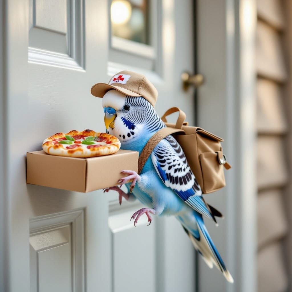 Pizza Delivery Budgie in Hyper-Detailed Photo