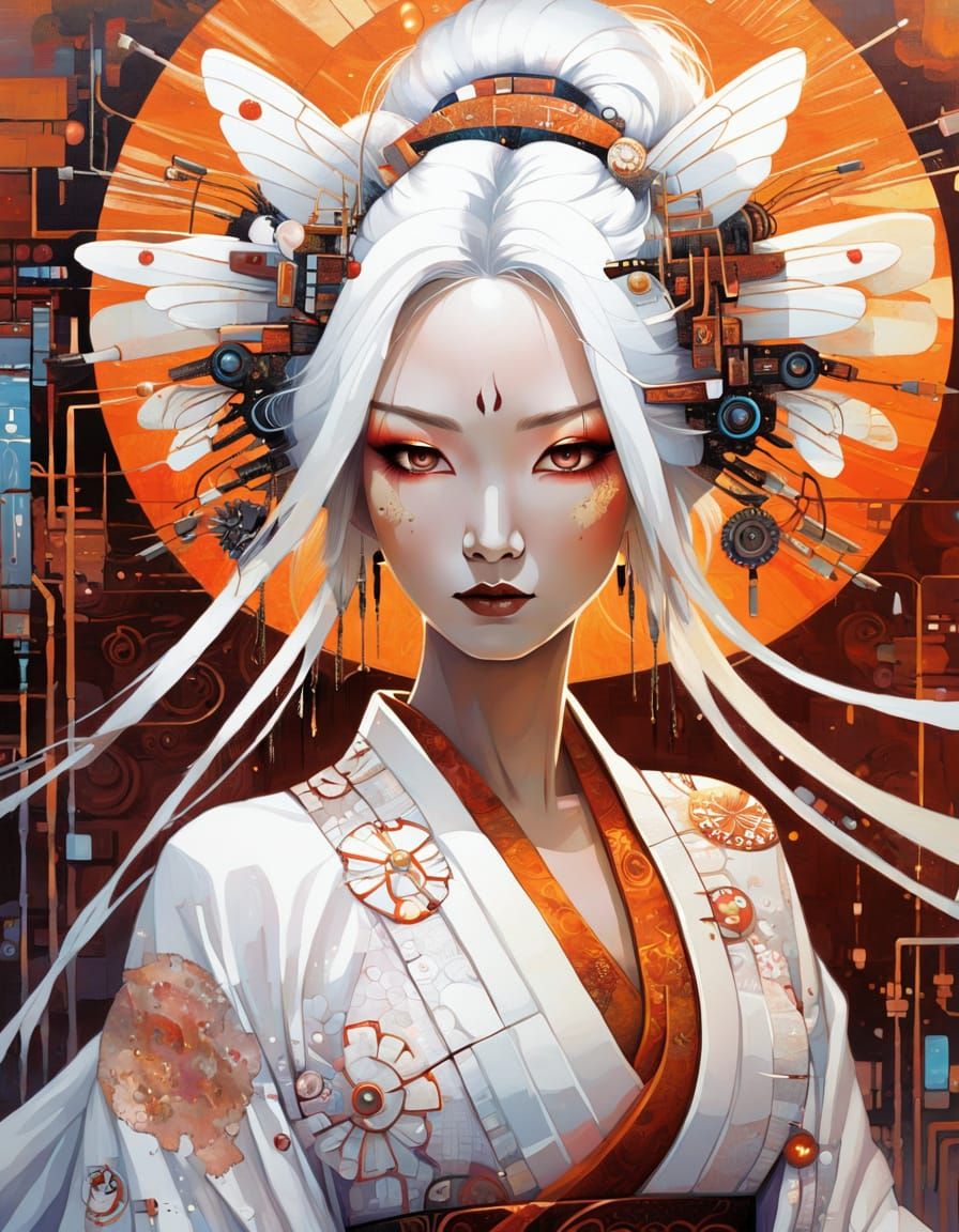 Cyberpunk Android Geisha in Sunset Colors