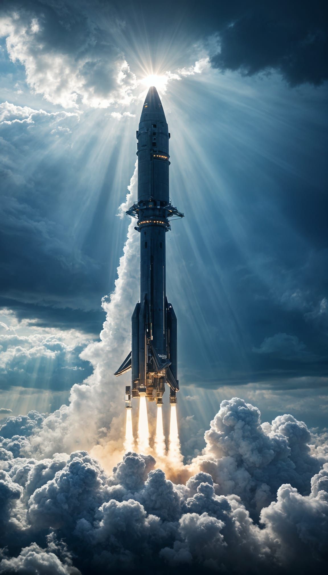 Giant Rocket Ship Silhouette Soaring Through Clouds